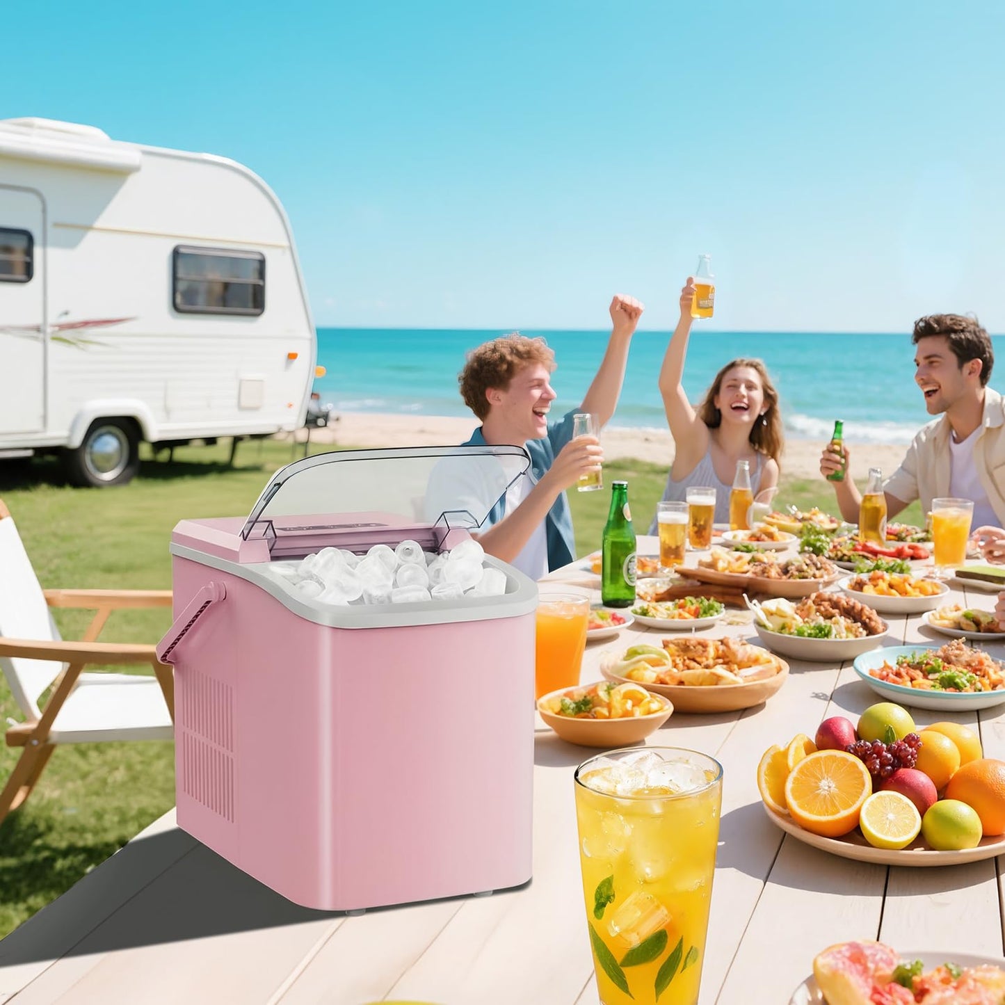 OLIXIS Ice Maker Machine with Handle,26lbs in 24Hrs,9 Ice Cubes in 6 Mins,Auto-Cleaning Portable Ice Maker with Basket and Scoop, Countertop Ice Maker for Home, Kitchen, Camping, RV - Pink