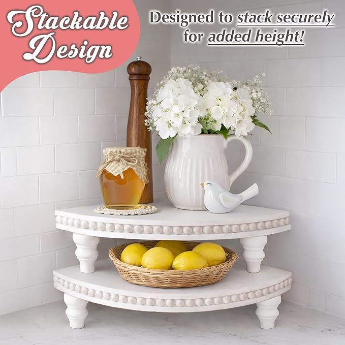 Corner Pedestal Stand Rustic Decor Riser for Display - Farmhouse Wood Rounded Beaded Tray for Kitchen and Bathroom Countertop Organizer, Coffee Bar, Plant Stand with Removable Feet (Rustic White)