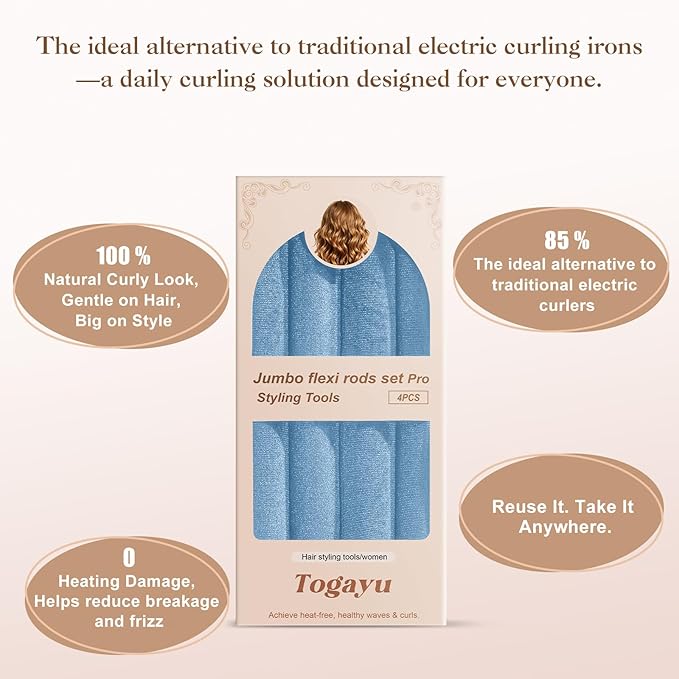 Heatless Curls Overnight Set for Natural Hair, Comfortable Easy-Lock Rollers, Heat-Free Hair Curlers for Long Textured Hair, 4PCS Blue