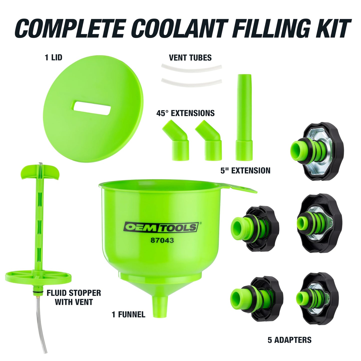 OEMTOOLS 87043 No-Spill Professional Quality Coolant Funnel Kit, Easily Fill Antifreeze Coolant Set Includes 5 Adapters, Extensions, and Automotive Funnel, Air Venting, Drip-Free, Green