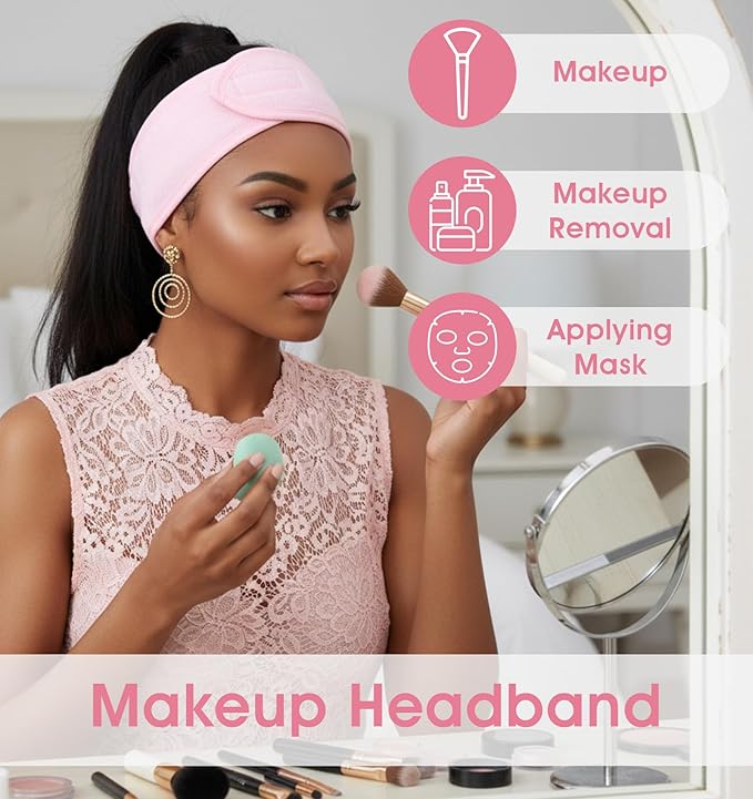3 Pack Spa Headband, Adjustable Terry Cloth Headband for Women, Non-Slip Face Wash Headbands for Facial, Makeup & Shower, Soft Stretchable Hair Band