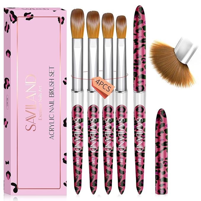 SAVILAND 4PCS Kolinsky Acrylic Nail Brush Set - Professional Nails Brushes for Acrylics Powder Application & 3D Nail Art, Sizes 8/10/12/14 Acrylic Brushes - Essential Nail Extension Kit Salon Home