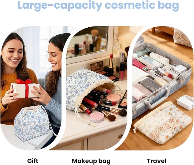Large Makeup Bag, Cute Drawstring Cosmetic Bag with Canvas Lining, Floral Coquette Aesthetic Toiletry Bag, Travel Make Up Organizer Bag for Women and Girl (Blue Flower)