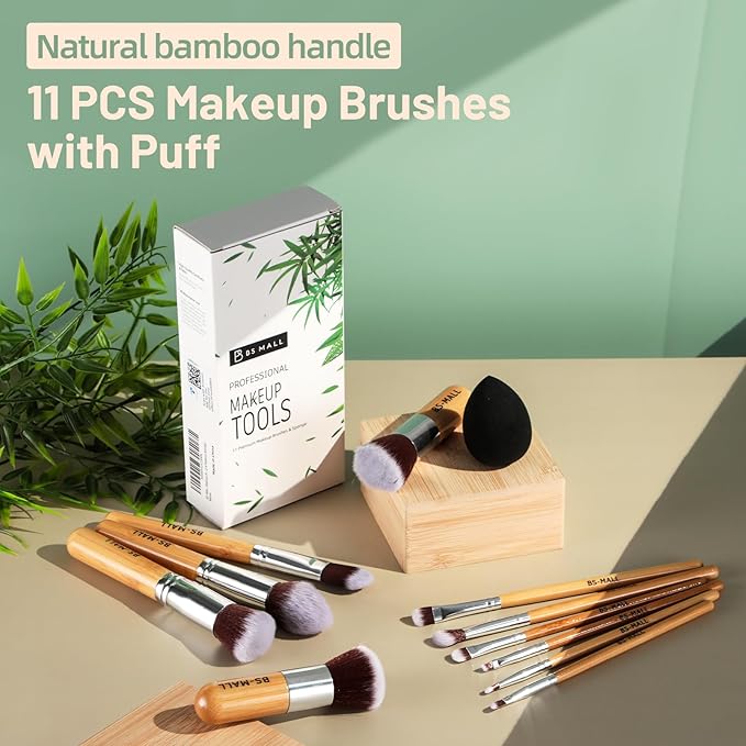 BS-MALL Makeup Brush Set 11Pcs Bamboo Synthetic Kabuki Brush Set Foundation Powder Blending Concealer Eye shadows Blush Cosmetics Brushes with Travel Organizer Bag & Makeup Sponge (Bamboo 11)