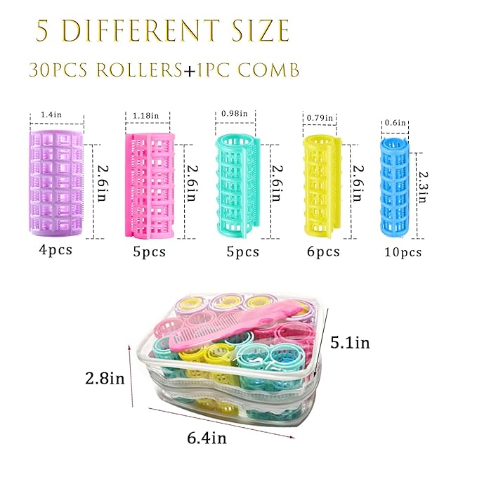 30Pcs Plastic Hair Curlers Set, Snap on Rollers Self Grip Heatless Rollers Hairdressing Curlers No Heat Curlers for Long Medium Short Thin Fine Hair with Mini Comb (5 Sizes) Ã¯Â»Â¿