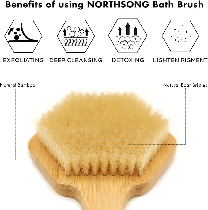 NORTHSONG Large Head Bath Brush, 17.72" Extra-Long Curved Bamboo Handle & Boar Bristles, Back Scrubber for Exfoliating - Ideal for Elderly, Shoulder Pain, Gift Ready