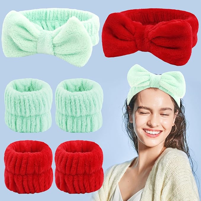VELSCRUN Spa Headband, Makeup Face Wash Skincare Headbands, Bow Hair Band Party Favors for Washing Face, Stocking Stuffers For Women Teen Girls Christmas Gifts Hair Accessories Red Green