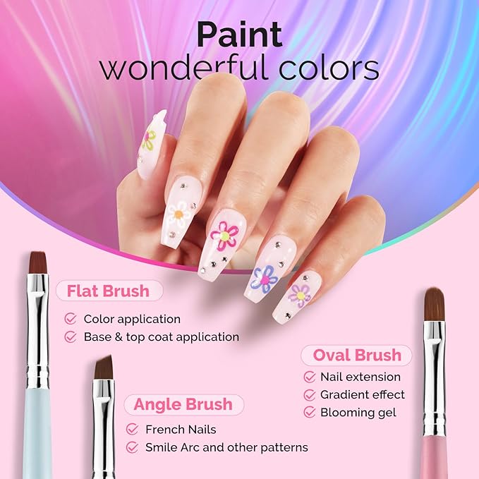 MelodySusie 2-in-1 Nail Art Brushes Set,3pcs Nail Art Design Pen Painting Tools with Flat Brush Oval Brush French Brush Liner Brushes for Home DIY Salon Use