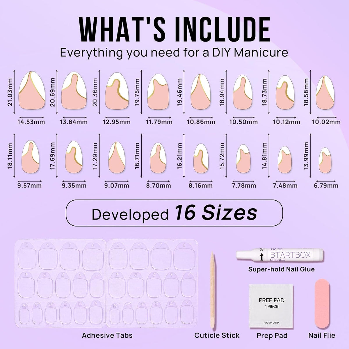 BTArtbox Press On Nails Almond - Designed White French Tip Press On Nails Short with Gold Foil, Glue On Nails for Winter Day Gifts, Stick On Nails in 16 Sizes - 30 Nail Kit, Tiny Gloden