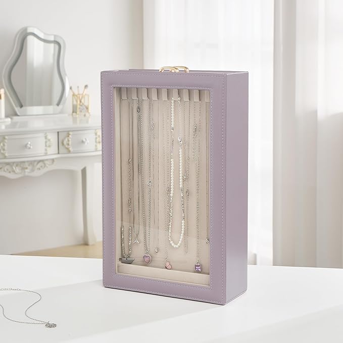 Lolalet Necklace Organizer Box, Jewelry Storage Box with Clear Window for Necklaces Bracelets, Tangle-Free Necklace Display Case for Women Girls -Dusty Purple, 2 Layers 20 Hooks