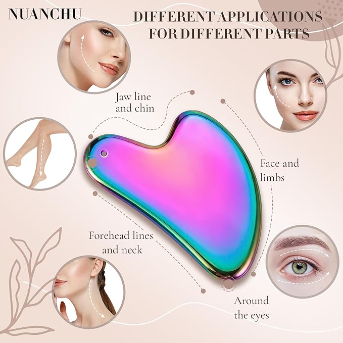 Nuanchu Stainless Steel Gua Sha Facial Tools Metal Guasha Tool for Face Body Jawline Shaper, Double Chin Reducer, Puffiness Reducing, Lymphatic Drainage Massager Skin Care Gift with Pouch(Rainbow)