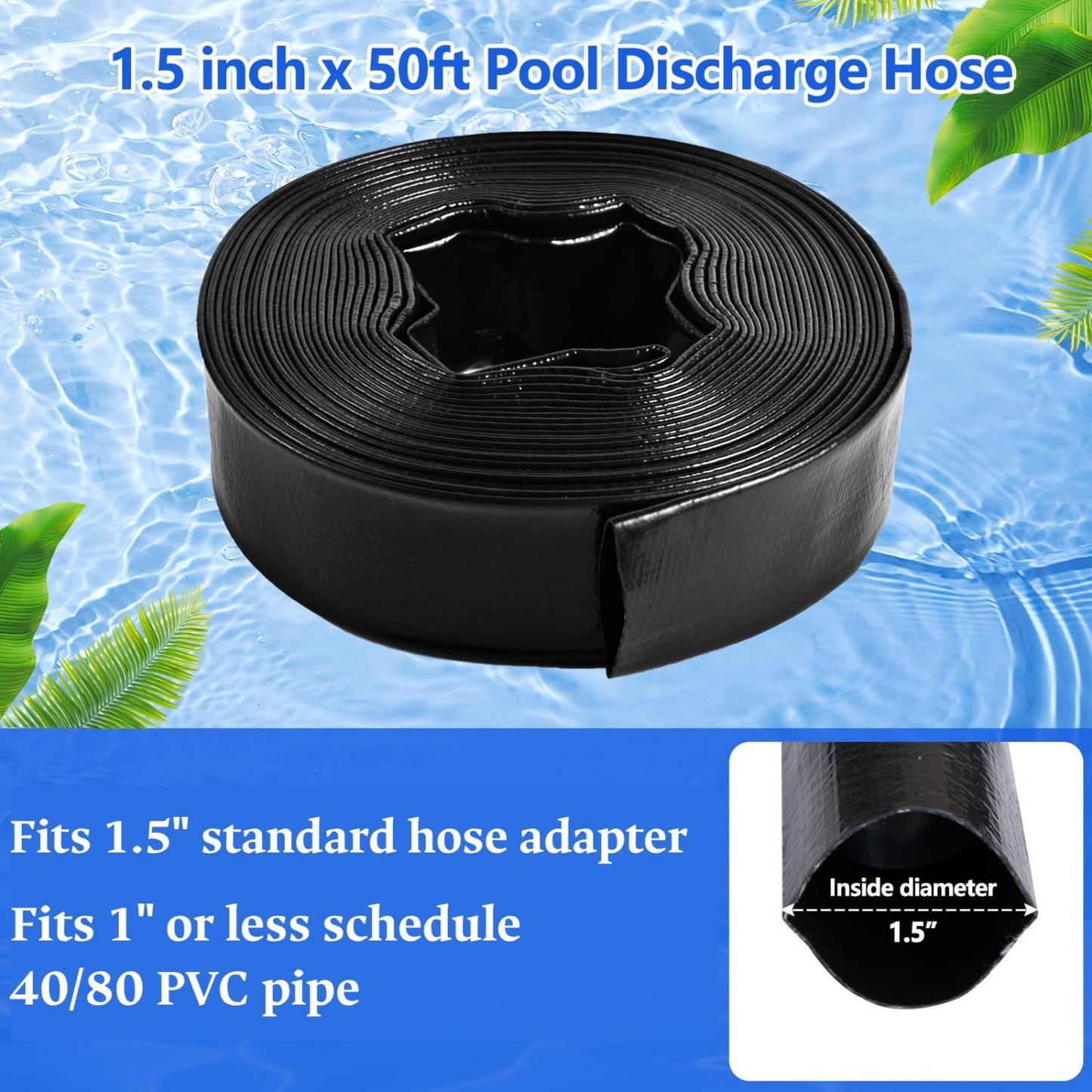 Gonioa Pool Backwash Hose 1 1/2 Inch Diameter x 50 Feet - Heavy-Duty PVC Pool Drain Hose, Reinforced Discharge Hose with Clamp for Swimming Pools, Black