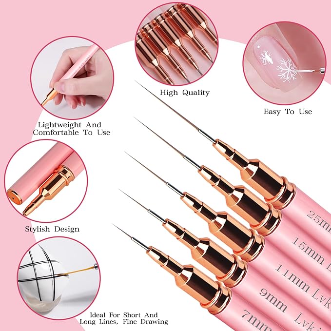5pcs Nail Art Liner Brushes, Liner Brush For Nails Gel, Painting Art Design Brush Set Nail Dotting Drawing Tool For Long Lines, Thin Details, Fine Drawing Sizes 7/9/11/15/25 mm (Pink)