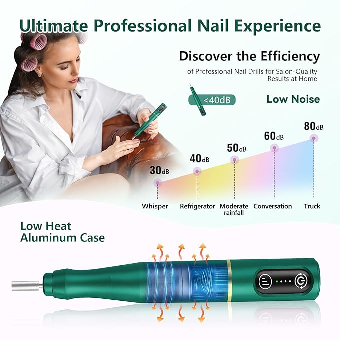 Cordless Nail Drill Electric Rechargeable File Kit, Professional Efile Acrylic Gel Nail Polish Remover Pedicure Manicure Machine Portable Set with 11 Bits 56 Sanding Bands Salon Blackish Green