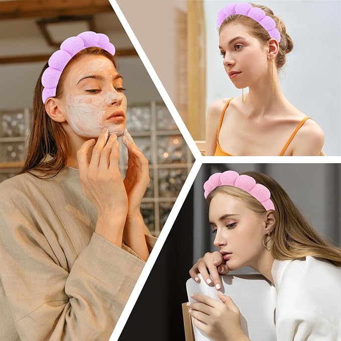 AMCAMI Puffy Spa Headband for Women Sponge Headbands for Girls 2 PCS Terry Towel Cloth Fabric Head Band for Skincare,Makeup Removal,Face Washing,Facial Mask,Shower,Hair Accessories（Purple&Light Pink）