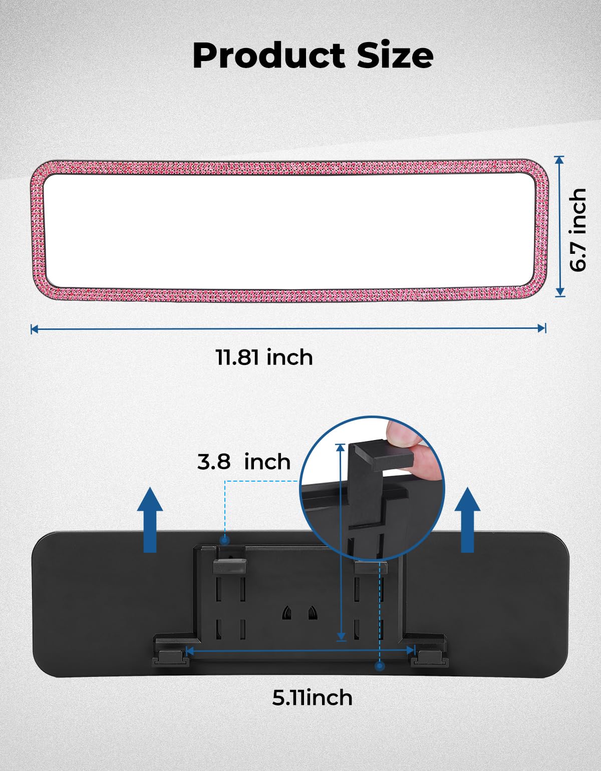 JOYTUTUS Rear View Mirror, Universal 11.81 Inch Panoramic Rearview Accessories with Bling Rhinestones Crystal Diamonds Edge, Interior Clip-on Wide Angle Rear View Mirror -Pink