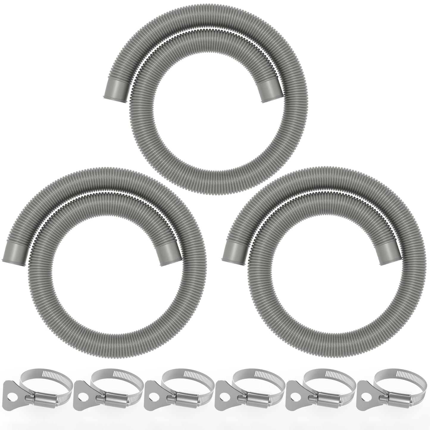 Poolvio 1.5" x 59" Above Ground Pool Hoses, 3-Pack, Gray- Heavy Duty UV Resistant Leak-Proof Replacement Hoses with 6 Metal Thumb Clamps, Perfectly Fits Intex Filter Pumps & Pool Surface Skimmers