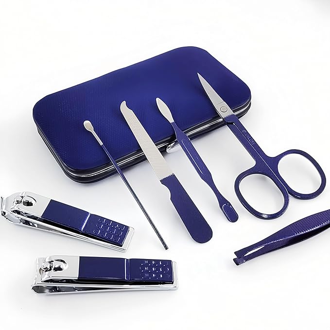 QURIPE 7pcs Manicure Set, Nail Clippers Kit, Stainless Steel Manicure Kit, Nail Clipping Tools Portable Travel Grooming Kit, The Best Gift with Luxurious Case (Blue)