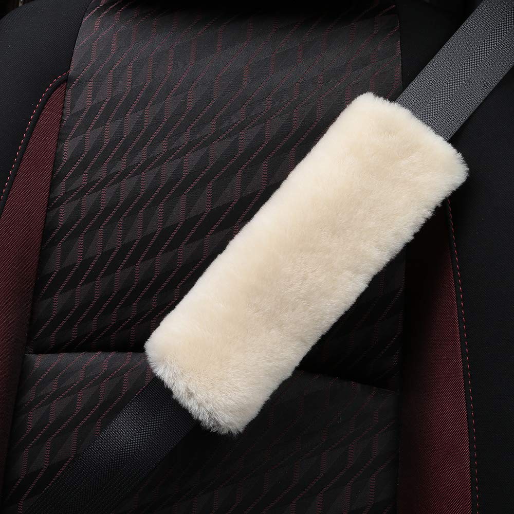 OGLAND 2 Pack Automotive Authentic Sheepskin Car Seat Belt Pads, Soft Shoulder Pad, Neck Cushion Protector, Genuine Natural Merino Wool (Pearl)