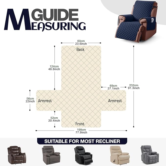 KinCam 100% Waterproof Recliner Chair Cover, Reclining Couch Covers for Pets, Dogs, Recliner Couch Slipcover Furniture Protector with Elastic Straps for Kids(23.6", Dark Blue)