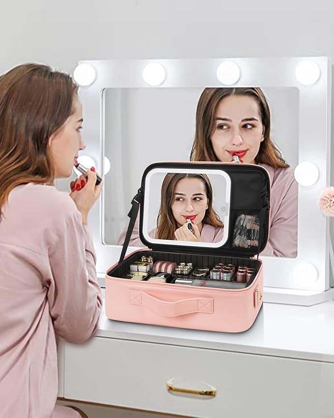 Relavel Travel Makeup Bag With LED Mirror, Portable Cosmetic Bag Organizer with Adjustable Brightness in 3 Color Scenarios, Small Cute Train Case with Detachable Dividers for Trip- Pink Strip