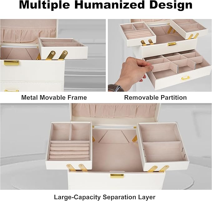 Dajasan Jewelry Organizer Box, Large Jewelry Boxes for Women Girls, Compact 3 Layers Jewelry Storage Case with Drawer, Movable Metal Stand, Modern, Gift Idea (Cloud White + Gold)