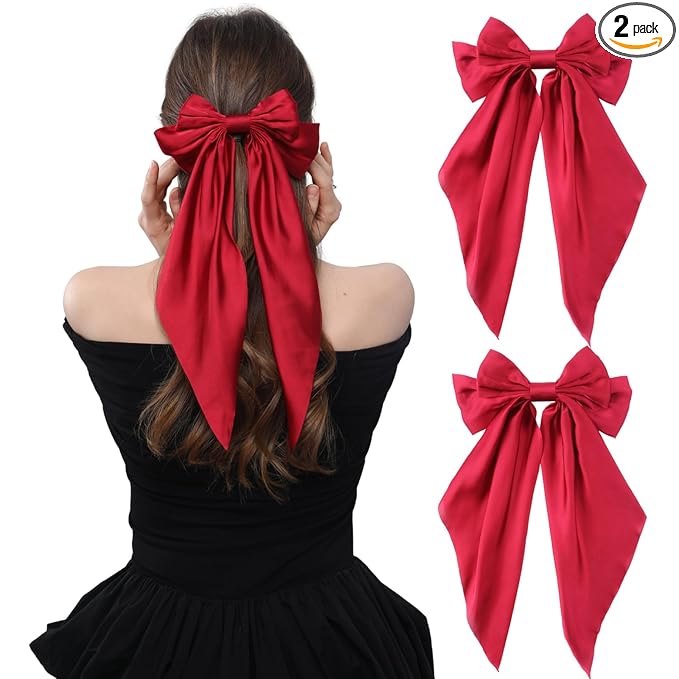 2PCS Big Hair Bow Clips for Women Girls Ã¢ÂÂ Red Satin Ribbon Bow Barrettes with Long Tails, Large Hair Accessories for Ponytail, Holiday, Party & Date Night
