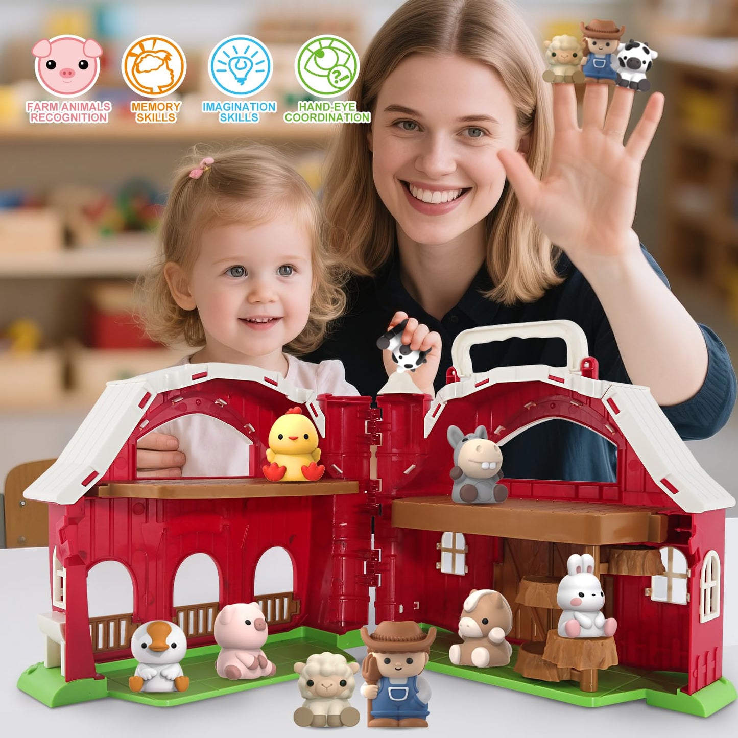 SpringFlower Toddler Toys for 1 2 3 Years Old Boys and Girls, Big Barn Toy with Farm Animal,Educational Montessori Toys, Farm Pretend Playset Toy, Christmas Birthday Gift for Toddler Baby Boys Girls