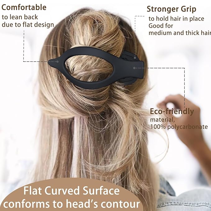 6 Pack Flat Hair Claw Clips for Women Duck Billed French Lay Down Hair Barrettes Accessories 100% Polycarbonate Matte Black