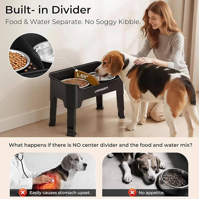 URPOWER Mess Proof Elevated Dog Bowls 4 Height Adjustable Raised Bowl Stand with 2 Stainless Steel Dog Bowls Non-Slip Food and Water Bowl Set for Small and Medium Dogs
