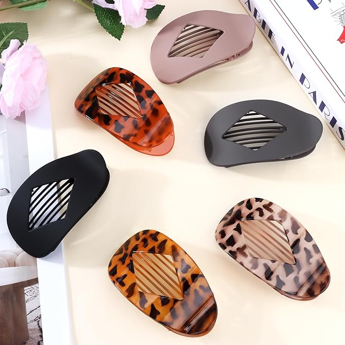 Flat Hair Clips Duckbill Large Claw Clips for Thick Medium Thin Hair 6Pcs French Barrettes Accessories for Women Girls Oval Round Leopard Tortoise Shell Neutral Color