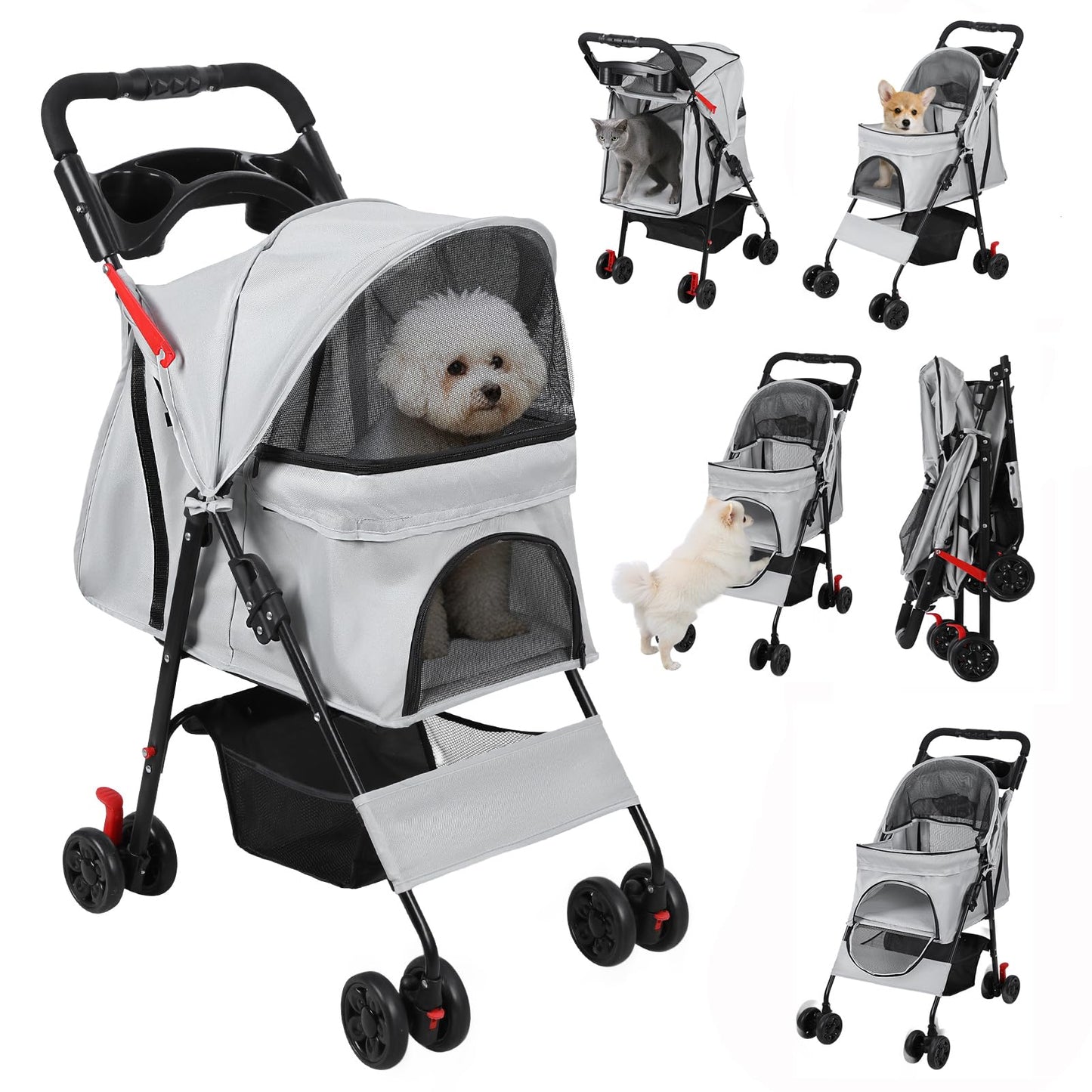 sxvbdway 4 Wheels Pet Stroller for Medium Small Dog up to 50lbs, Dog Cat Stroller, Outdoor Travel Pet Folding Strollers with Cup Holder, Detachable Carrier, Breathable Visible Mesh (Grey Upgraded)