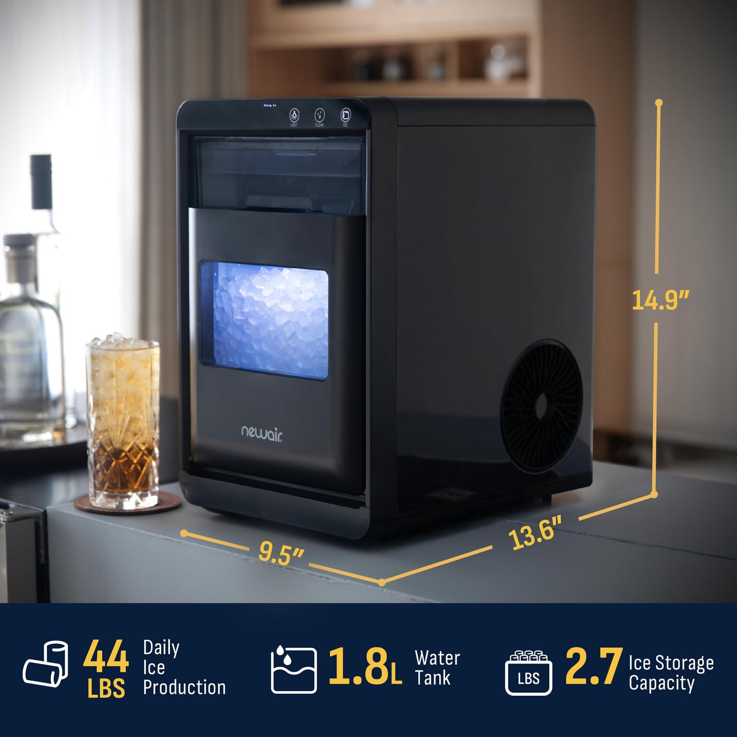Nugget Ice Maker Countertop | 44 lbs/Day Pebble Ice Machine with Self-Cleaning | Soft Chewable Pebble & Sonic-Style Ice | Black Stainless Steel