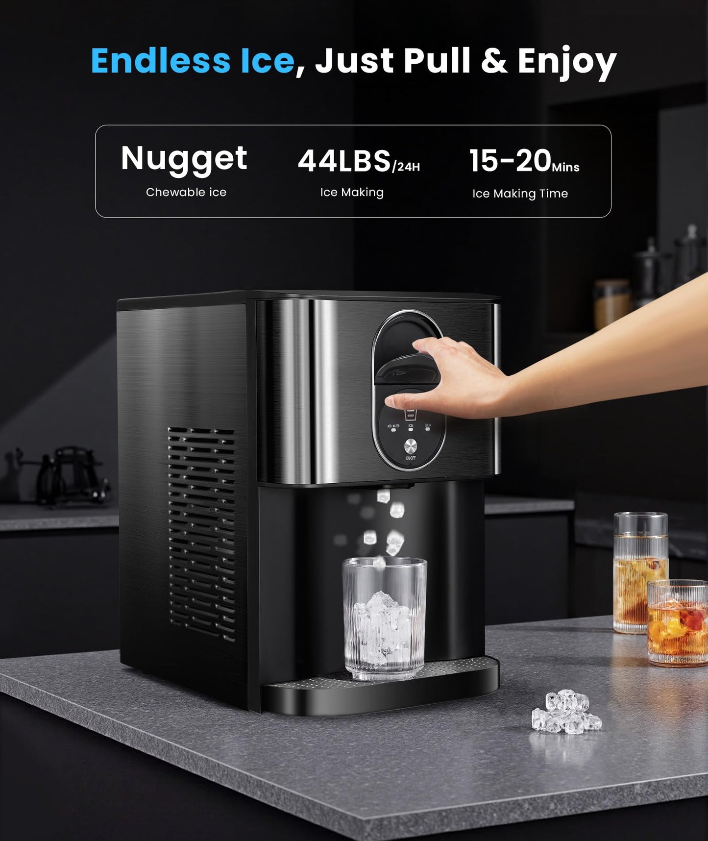 Countertop Nugget Ice Maker, 44lbs/24H Nugget Ice Machine Countertop, Chewable Pellet Ice Maker Machine with Ice Dispenser, 2.4L Water Reservoir, Self-Cleaning, Ideal for Kitchen/Bar/Office, D-Black