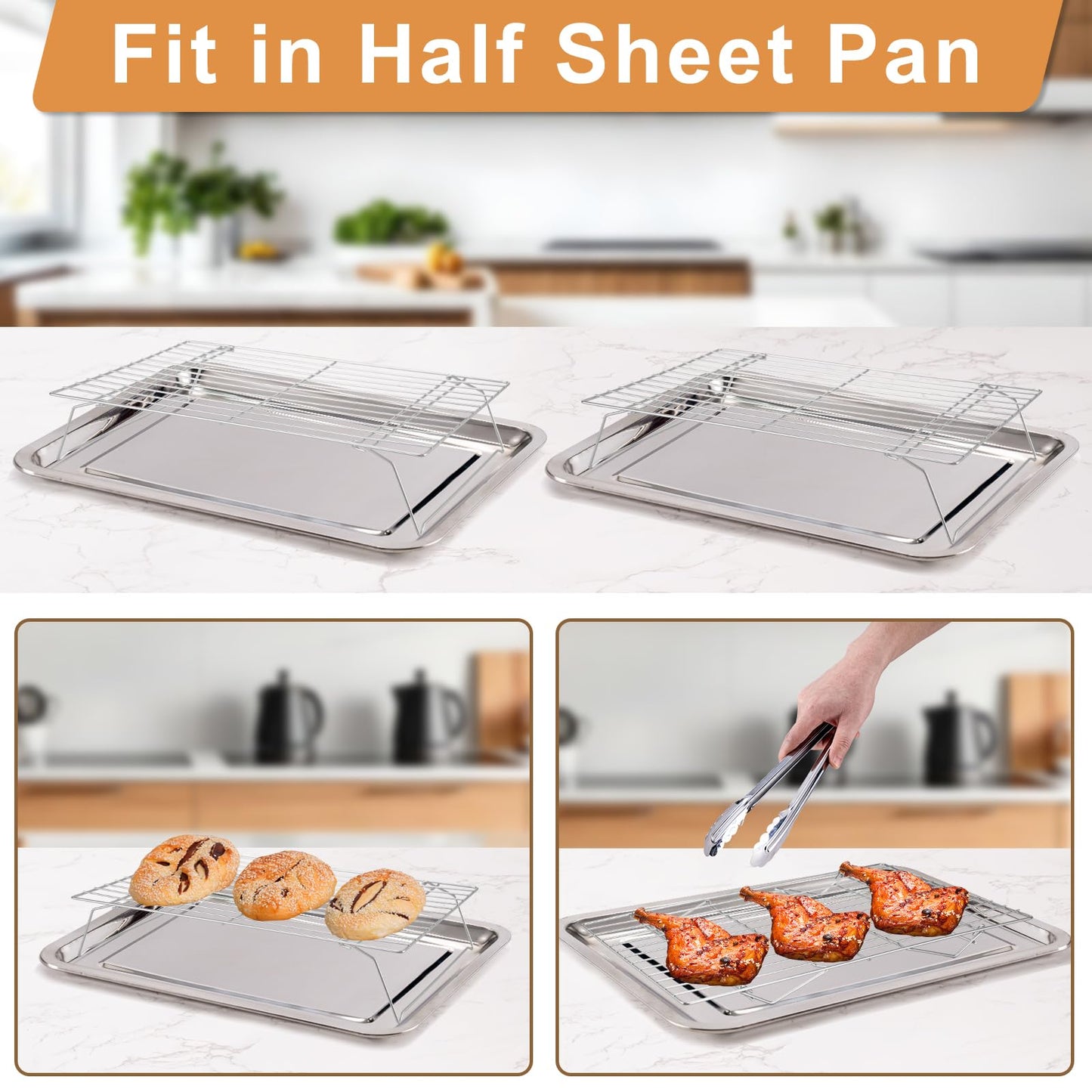 Cooling Rack for Baking 3 Tiers, 16" x 10" Cookie Cooling Wire Rack Stackable Collapsible Nonstick, Stainless Steel Baking Cooking Cooling Racks with Optimum Air Flow, Silver