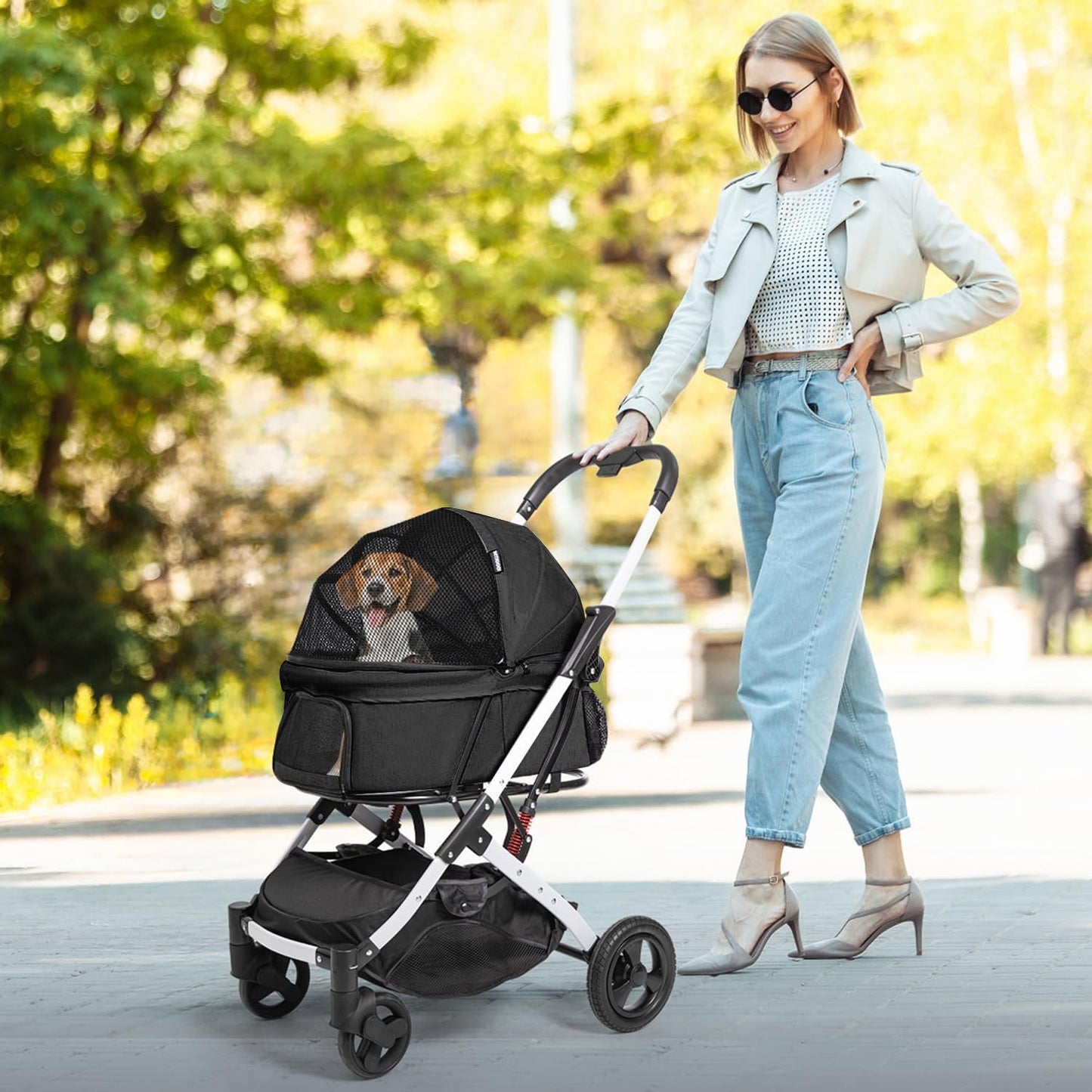 BETSOCCI Pet Stroller for Medium Small Dog & Cat, Foldable Lightweight Dog Stroller with Storage Basket Pet Travel Carriage with Safety Leashes, 4 Wheel, Black