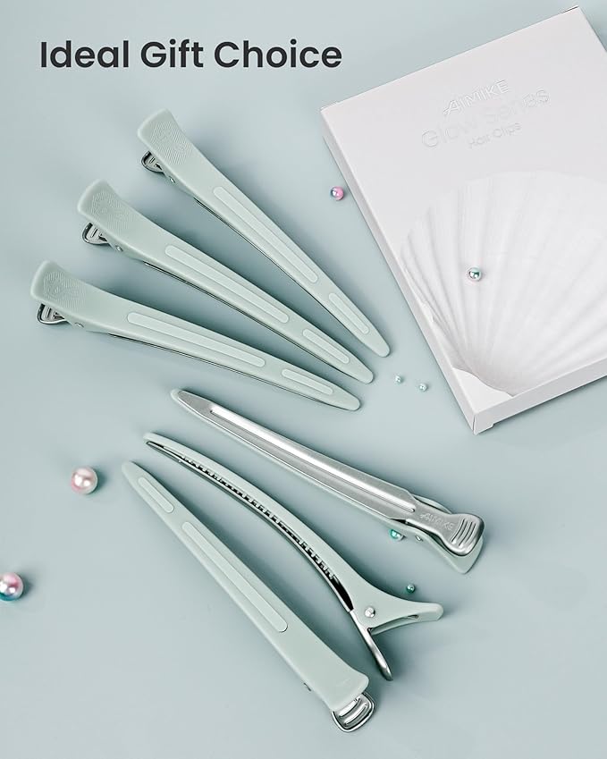 AIMIKE 4.8" Hair Clips for Styling – Built-In Silicone Band Duckbill Hair Clips, No-Crease Sectioning Clips for Thick, Curly Hair, Ideal for Makeup, Hairstyling & Rollers, 6-Pack, Sage Green