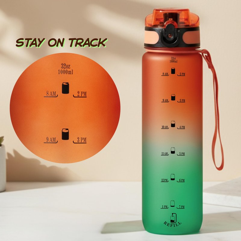VINCEPLUS 32oz Titan Water Bottle with Time-Marked, 2 Lids (Fast Flow & Straw) - BPA/BPS Free, Leak-Proof, Airtight, Reusable Water Bottle - Perfect for Sports, Hiking (Green)