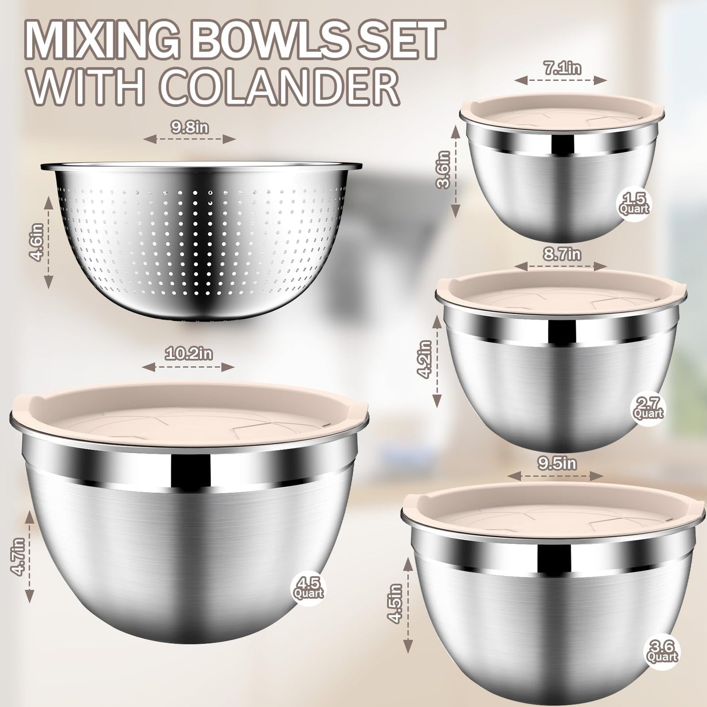 DUTZUN Stainles Steel Mixing Bowls with Lids Set, Stackable Metal Mixing Bowl with Strainer, 5-Piece - Beige