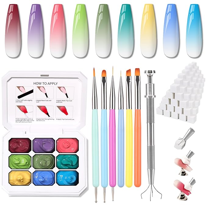 Christmas Gel Polish, 9 Colors Ombre Patting Gel Nail Polish Palette, 100 Sponges 6 Brushes 1Grabber, Blending Color Gradient Painting Nails Art, No Wipe, UV/LED Cured (Set 09)