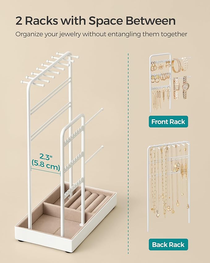 SONGMICS Jewelry Holder, Jewelry Organizer, Jewelry Display Stand with Metal Frame, Velvet Tray, Necklace Earring Bracelet Holder, for Studs, Rings, Gift Idea, Matte White UJJS021W01