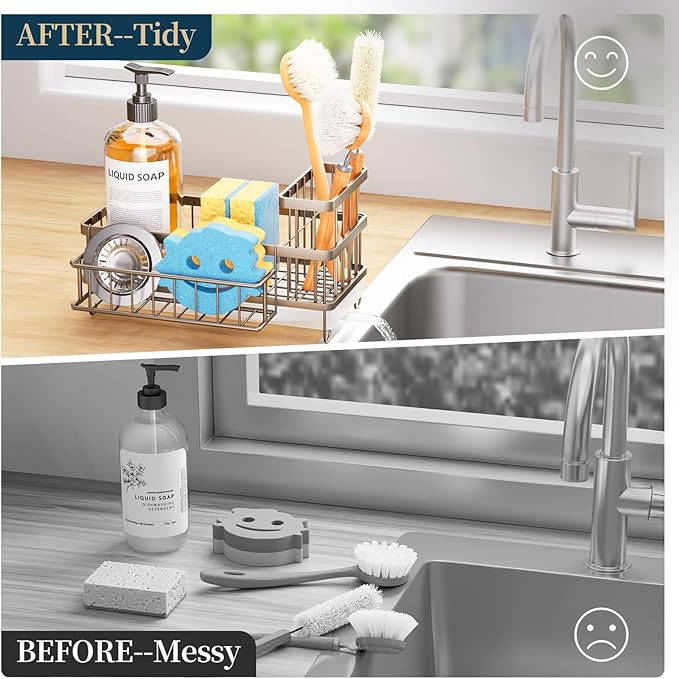 Consuemst Sponge Holder for Kitchen Sink - Auto Draining Sink Caddy Organizer with Detachable Rack, High Brush Holder, Kitchen Countertop Storage Accessories, Sand Nickel