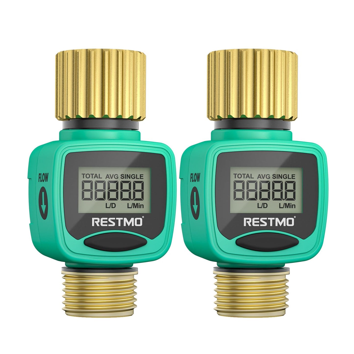[2 Pack] RESTMO Water Flow Meter, Pure Brass Inlet & Outlet | 4 Measure Modes | Display Gallon/Liter Usage and Flow Rate | Ideal to Outdoor Garden Hose, Lawn Sprinkler Watering, RV Water Tank Filling