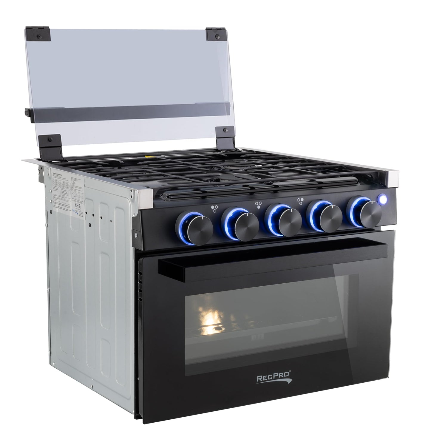 RecPro RV Stove Black Finish | Gas Range 17" Tall | 6500 and 8000 BTU Three Burner | 7100 BTU Oven with 1.24 Cu. Ft. Capacity | Optional Range Hood