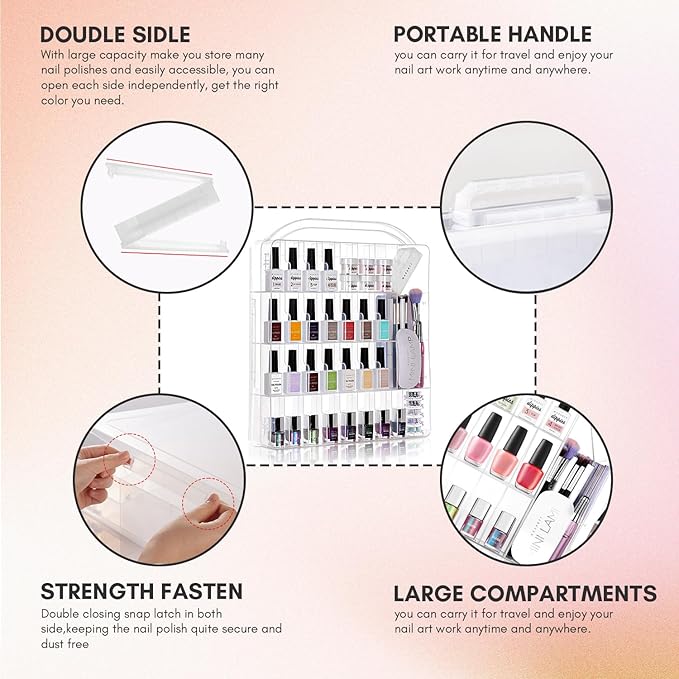 Makartt Gel Nail Polish Organizer, Clear Storage Case Holder for 60 Bottles, Large Compartment, Space-Saving, Travel Carry, Colors Display