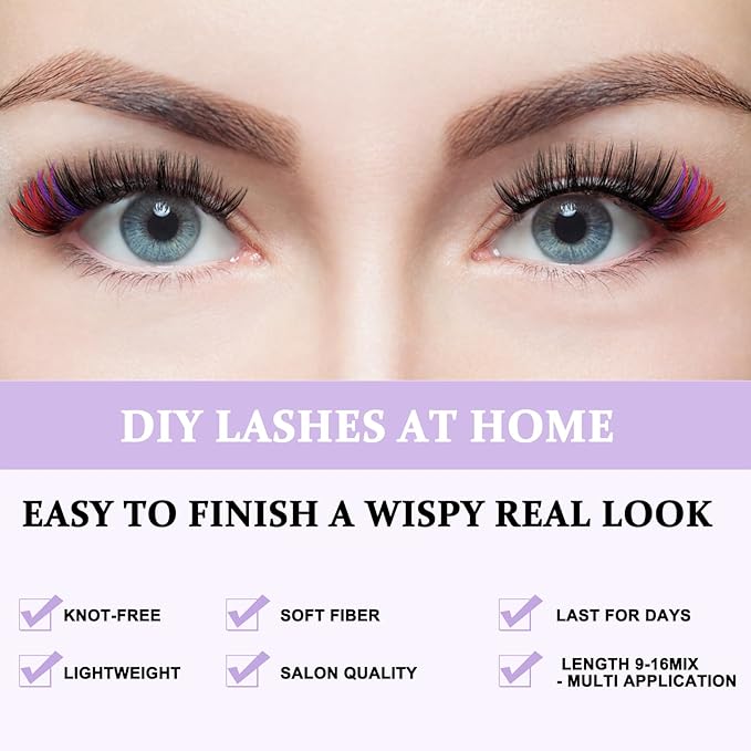 B&Q 280PCS Colored & Rainbow False Eyelashes, 6 Vibrant Colors Lash Clusters Refill Pack in 14mm & 16mm, DIY Volume Lashes for Party, Stage, Cosplay, Festival Makeup