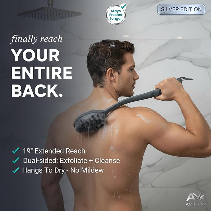 Avilana Silver Edition Back Scrubber Long Handle 19 Inch - Trusted Since 2017 - SGS Certified Silicone Bath Brush, Dual Sided Exfoliating Body Brush Extended Reach Back Washer Women Men Seniors Gift