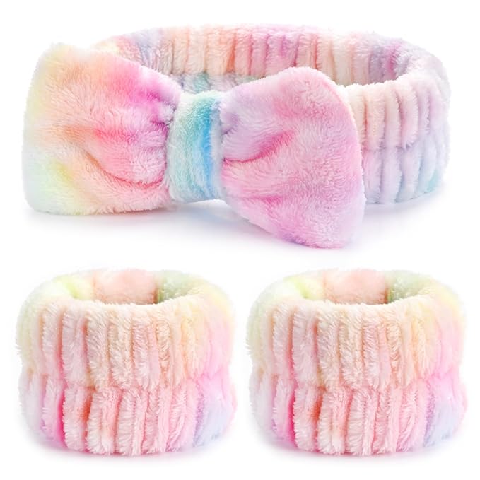 3PCS Spa Headband and Wristbands Set for Women, Soft Microfiber Face Wash Headband with Cute Bow, Elastic Absorbent Wrist Towels, Makeup Skincare Accessories for Facial, Shower, Yoga