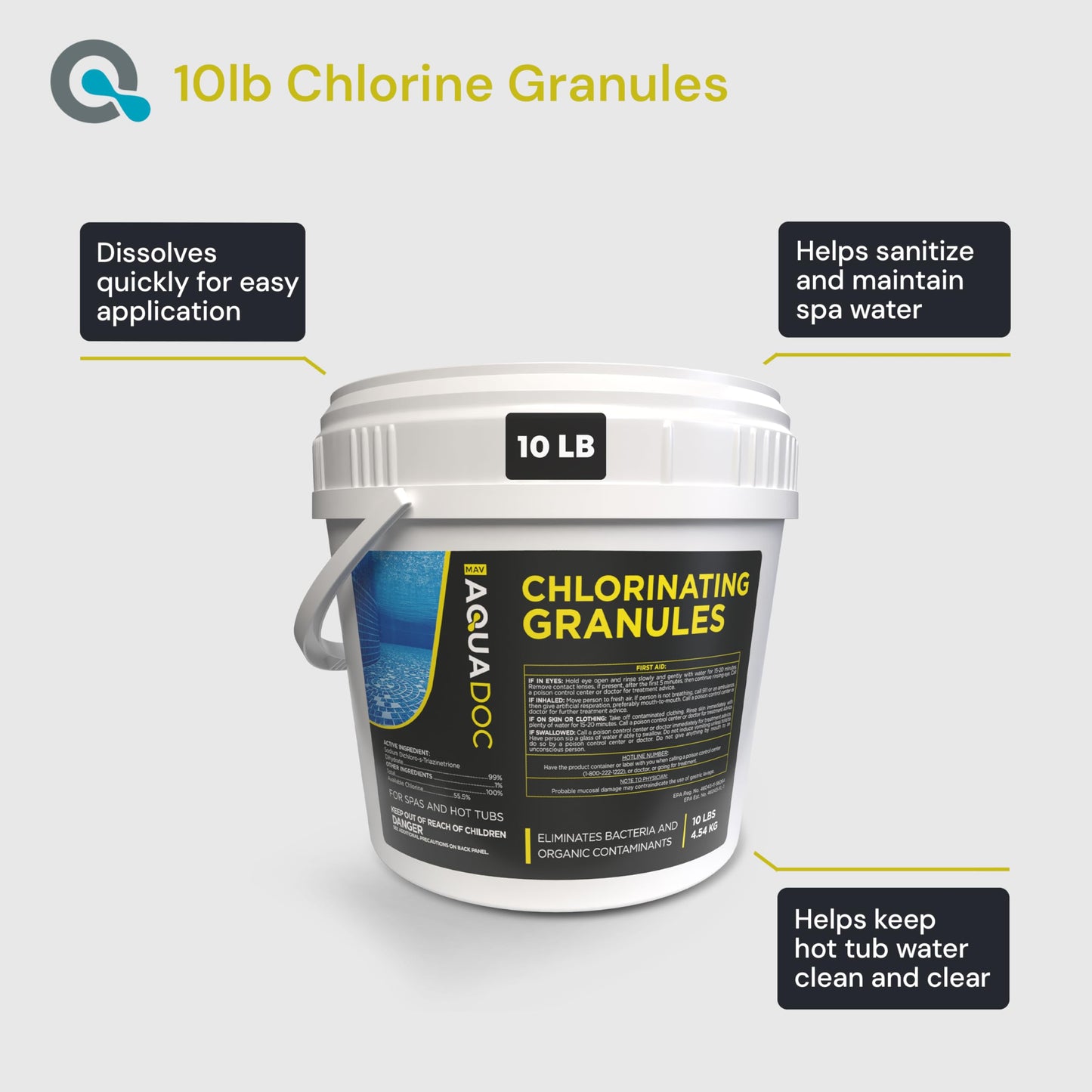 AquaDoc Hot Tub Chlorine Granules - 10 lb - Quick Dissolving Spa Chlorine for Hot Tub Sanitizer - Made in the USA
