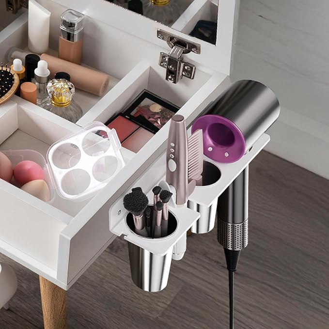 HIIMIEI Hair Tool Organizer Wall Mount, White Acrylic Hot Tool Holder with 2Cups, Bathroom Hair Styling Accessories Storage Organizer for Flat Iron, Blow Dryer, Curling Wand
